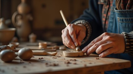 Artisan Crafting Wood Carving: Close-up of Handmade Wooden Design and Carpentry Tool on Table