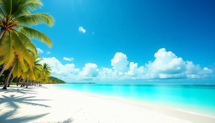 Turquoise waves gently lap against the white sandy shore, while lush palm trees sway in the warm breeze, inviting relaxation and tranquility in this idyllic paradise Generative AI