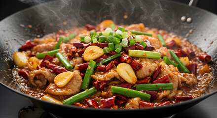 Delicious Asian Stir Fry With Pork, Chili Peppers And Spring Onions