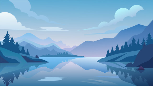 A serene misty lake with calm waters and reflective skies captures a feeling of peace and reflection.. Vector illustration