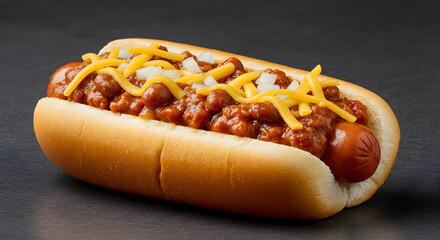 Savory Chili Dog With Cheese and Onion Toppings On Rustic Background