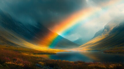 Stunning Rainbow Arching Over Serene Valley with Colorful Wildflowers and Reflected Water Under Dramatic Sky