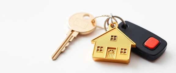 A set of house keys with a golden house-shaped keychain, isolated on white, object, clean