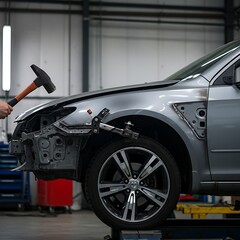Fototapeta premium Auto body technician repairs vehicle damage using hammer at automotive repair shop