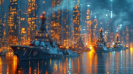 Fototapeta premium Fleet of battleships is docked in a futuristic glowing city