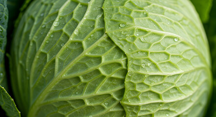Fototapeta premium Vibrant Green Cabbage Head Featuring Intricate Leaf Veins and Water Droplets