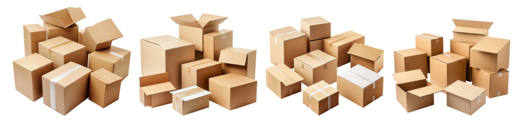 Fototapeta premium Various Brown Cardboard Boxes Stacked in Different Arrangements, Isolated on Transparent Background