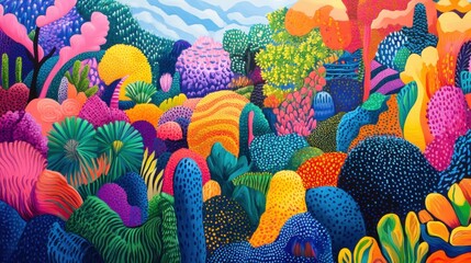 A vibrant and colorful abstract landscape filled with various shapes and forms resembling a lush, imaginary garden. The scene features a mix of bright pinks, purples, greens, and yellows, creating a w