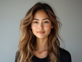 Fototapeta premium A young woman with long, wavy brown hair smiles gently at the camera