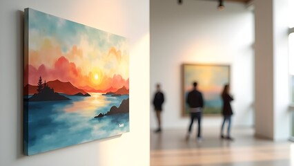 Obraz premium Artwork of a vibrant sunset seascape scene displayed in a bright gallery setting.
