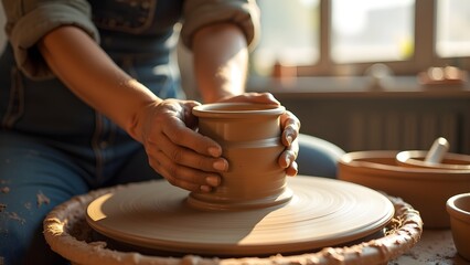 Hands shaping clay on a pottery wheel, crafting ceramic art in a bright studio