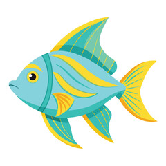 A solitary, pale blue fish with vibrant yellow accents along its dorsal fin and tail fin is captured against a stark white background.