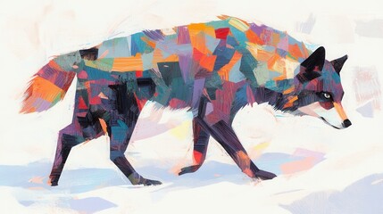 Obraz premium Mosaic Wolf A vibrant walking wolf composed of colorful brushstrokes against a snowy backdrop