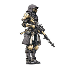 Fototapeta premium soldier in full armor holding massive rifle illustration