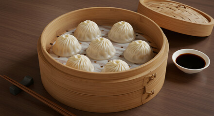 Steaming Hot Dumplings Served In Traditional Bamboo Steamer With Soy Sauce