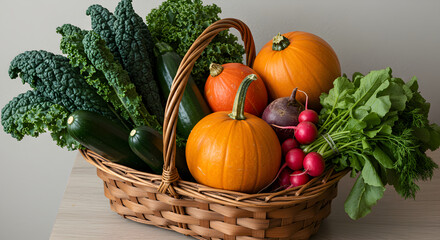 Abundance Of Autumnal Harvest Inside A Woven Basket With Fresh Vegetables