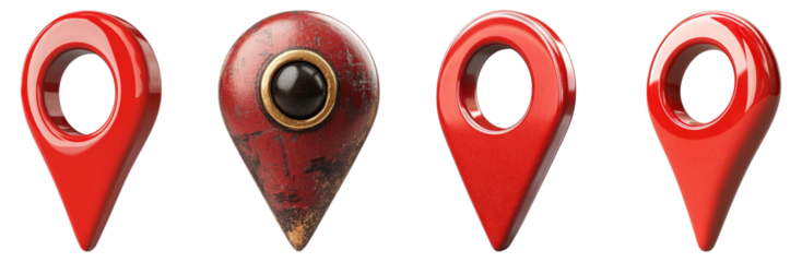 Diverse Red Location Pins in Various Styles and Designs, Isolated on Transparent Background