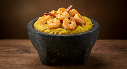 Exotic Shrimp Delights Served Over Plantain Mash In Elegant Stone Bowl