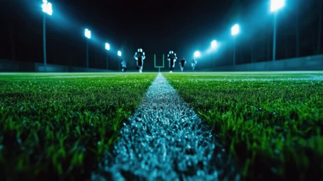 Under the Lights: A low-angle perspective captures the intensity of a football field bathed in the bright glow of stadium lights, with players blurred in motion against the vibrant green turf.