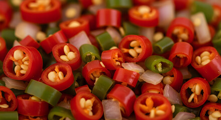 Naklejka premium Sliced Red And Green Chili Peppers With Small Onion Pieces Background