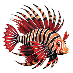 A striking lionfish with zebra-like stripes and elaborate spiky fins floats gracefully on white backdrop.