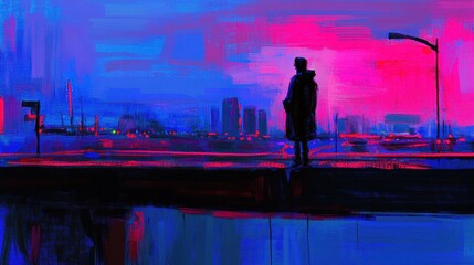 Fototapeta premium Neon City Solitude A lone figure contemplates the vibrant stylized skyline
