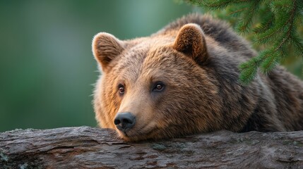 Fototapeta premium A close-up of a majestic bear resting on a log in its natural habitat. The serene expression captures the beauty and power of wildlife in the forest.