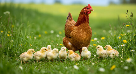Fototapeta premium Hen With Cute Fluffy Chickens Roaming Freely In The Spring Season