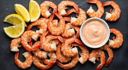 Appetizing Cooked Shrimp With Cocktail Sauce And Lemon Slices On Dark Background