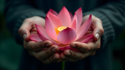 Pink Lotus Flower Held Gently in Hands, Symbolizing Care and Tenderness, Close-up Botanical