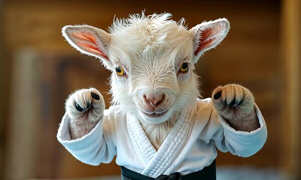 A cute goat stands, dressed in a karate uniform with a black belt
