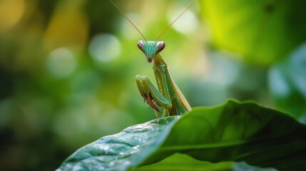 Obraz premium Emerald Predator, Captivating Macro Portrait of a Praying Mantis in Lush Foliage