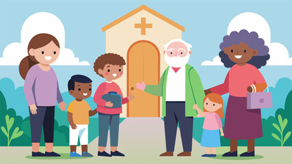 From young children to older adults the greeters make everyone feel welcome and included in the church community.. Vector illustration