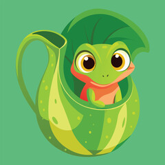 A tiny, bright green frog with large eyes peeks out from inside a curved, veined pitcher plant against a soft green backdrop.