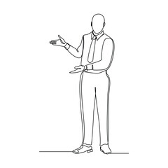continuous single line of standing business man showing presentation gesture. Sketch drawing editable stroke vector illustration