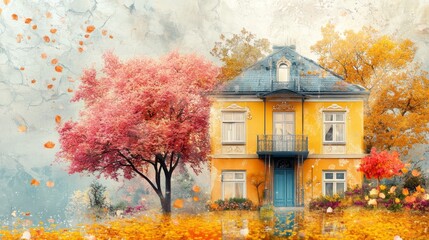 Charming yellow house nestled amid beautiful autumn foliage and leaves