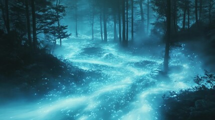 Fototapeta premium Enchanted forest scene featuring a winding stream illuminated by glowing blue elements, surrounded by tall trees and a misty atmosphere. The ethereal light creates a magical ambiance, enhancing the tr