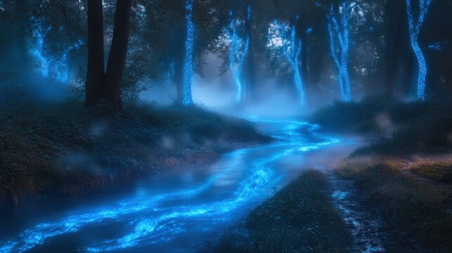 A dreamy, mystical forest scene featuring a winding river illuminated with a soft, electric blue glow. The trees lining the river are partially shrouded in mist, with their trunks also emitting a fain