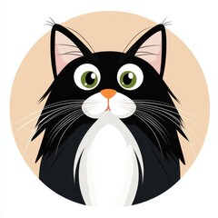 Fototapeta premium Illustration of a black cat with a white chest patch and green eyes in a circular frame