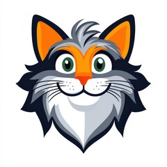 Cartoon illustration of a cat with black, gray, and white fur, bright orange ears, and large green eyes