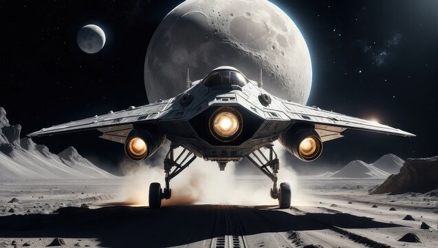 Futuristic spacecraft landing on moon-like terrain