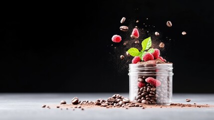 Coffee, raspberries, and mint in a jar