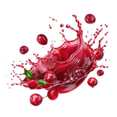 Cherry juice splash with cherries, red color, natural fresh beverage, drops and splashes on Transparent Background for culinary and healthy lifestyle themes