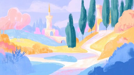 Fototapeta premium Pastel Dreamscape A whimsical castle towers over soft dreamy hills paths