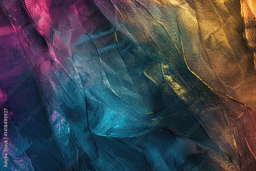 Poster abstract colorful swirled patterns with metallic sheen. digital art for vibrant and creative design.