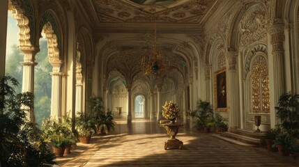 Naklejka premium A luxurious indoor palace corridor bathed in soft, natural light, featuring intricate architectural details such as ornate arches, gilded chandeliers, and decorative wall panels. Lush green plants in 