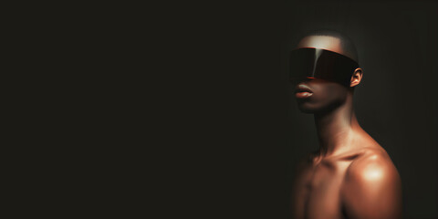 African American black man wearing futuristic black visor on dark background, cyberpunk aesthetics, portrait view with deep shadows, technological innovation and anonymity concept.