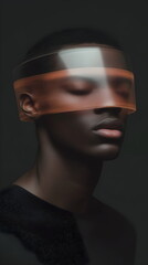 Man wearing futuristic transparent orange visor on dark background, cyberpunk aesthetic, portrait view with deep shadows, technology innovation and anonymity concept.