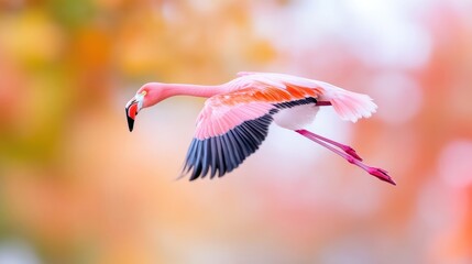 A flamingo gracefully flying with wings spread wide, vibrant pink feathers against a soft blurred background, and capturing the essence of natures beauty.