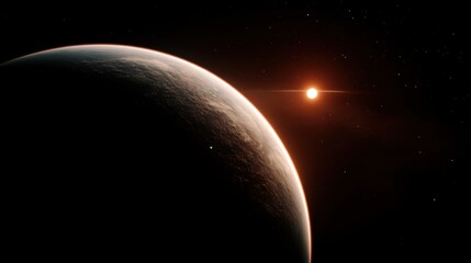A stunning view of a distant planet set against the backdrop of deep space, featuring a partially illuminated spherical surface with intricate textures. A bright sun is visible in the background, cast